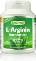 Produktbild von Bewertung Greenfood L-Arginin pur 500 mg hochdosiert vegan 120 Kapseln OHNE Zusätze ohne Gentechnik