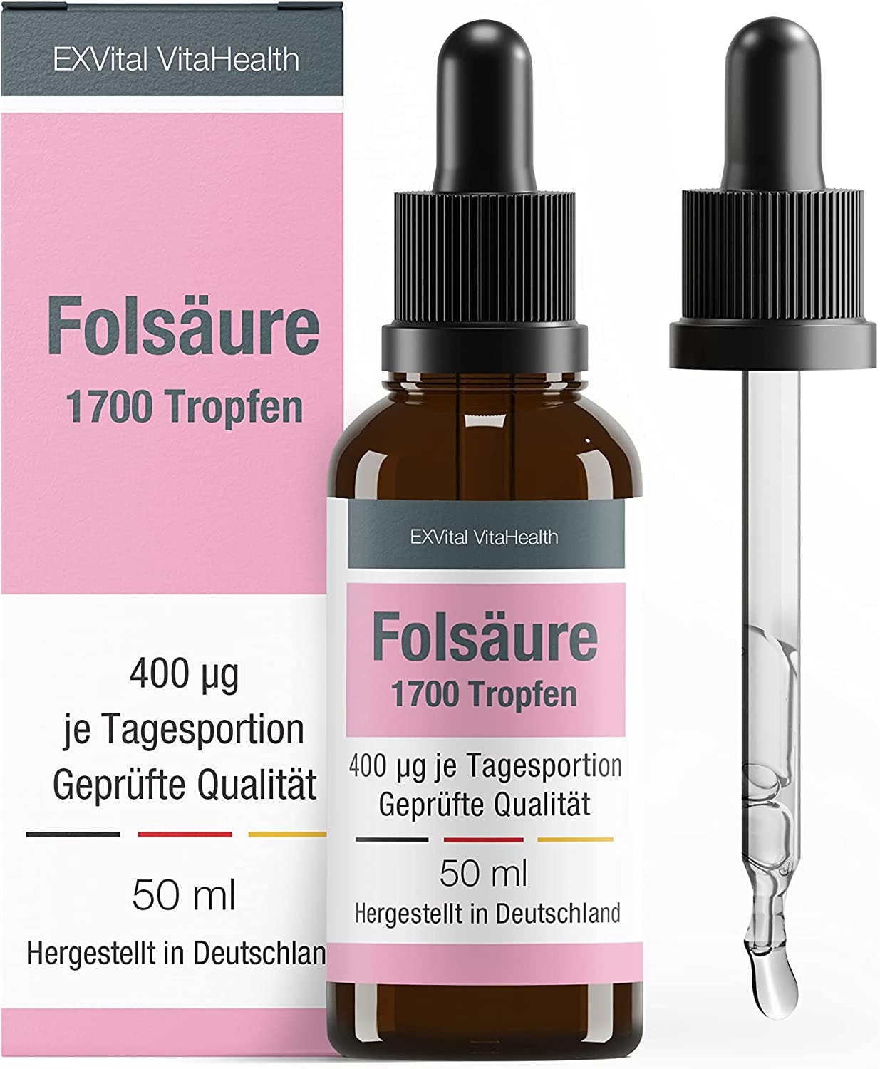 Produktbild von Bewertung EXVital VitaHealth Folsäure Tropfen 400 µg pro Tagesdosis 50ml Flasche mit 1700 Tropfen 14 Monate SCHWANGERSCHAFT & IMMUNSYSTEM 100% vegan, ohne Zusätze & laborgeprüft in Deutschland hergestellt