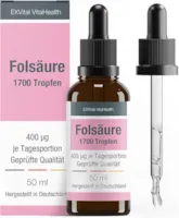 Produktbild von Bewertung EXVital VitaHealth Folsäure Tropfen 400 µg pro Tagesdosis 50ml Flasche mit 1700 Tropfen 14 Monate SCHWANGERSCHAFT & IMMUNSYSTEM 100% vegan, ohne Zusätze & laborgeprüft in Deutschland hergestellt