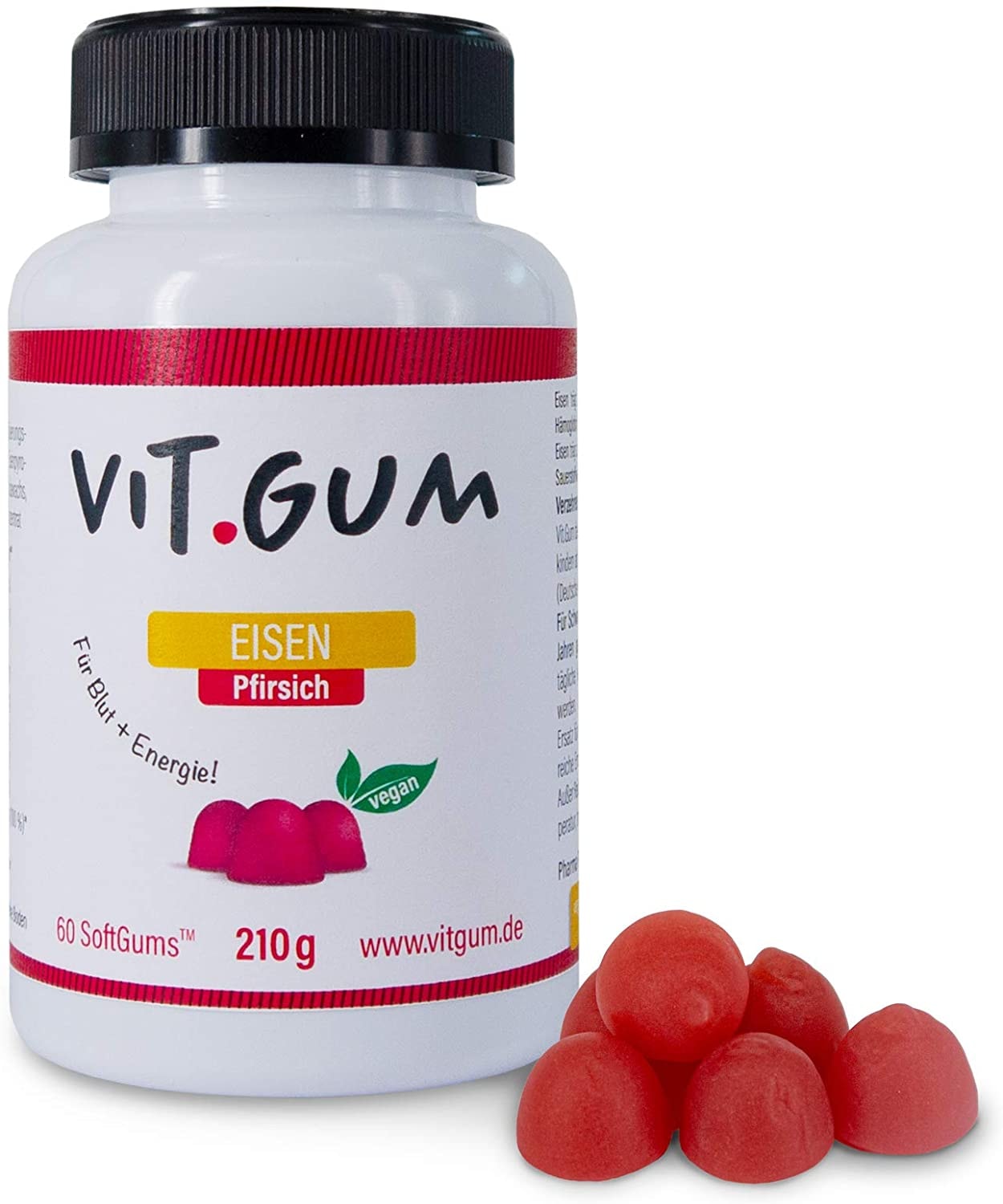 Produktbild von Vit.Gum, Eisen zum Kauen, Vegan, leicht und lecker, Für Blut und Energie, 60 Gums, Rot-orange, Pfirsich, 210 g