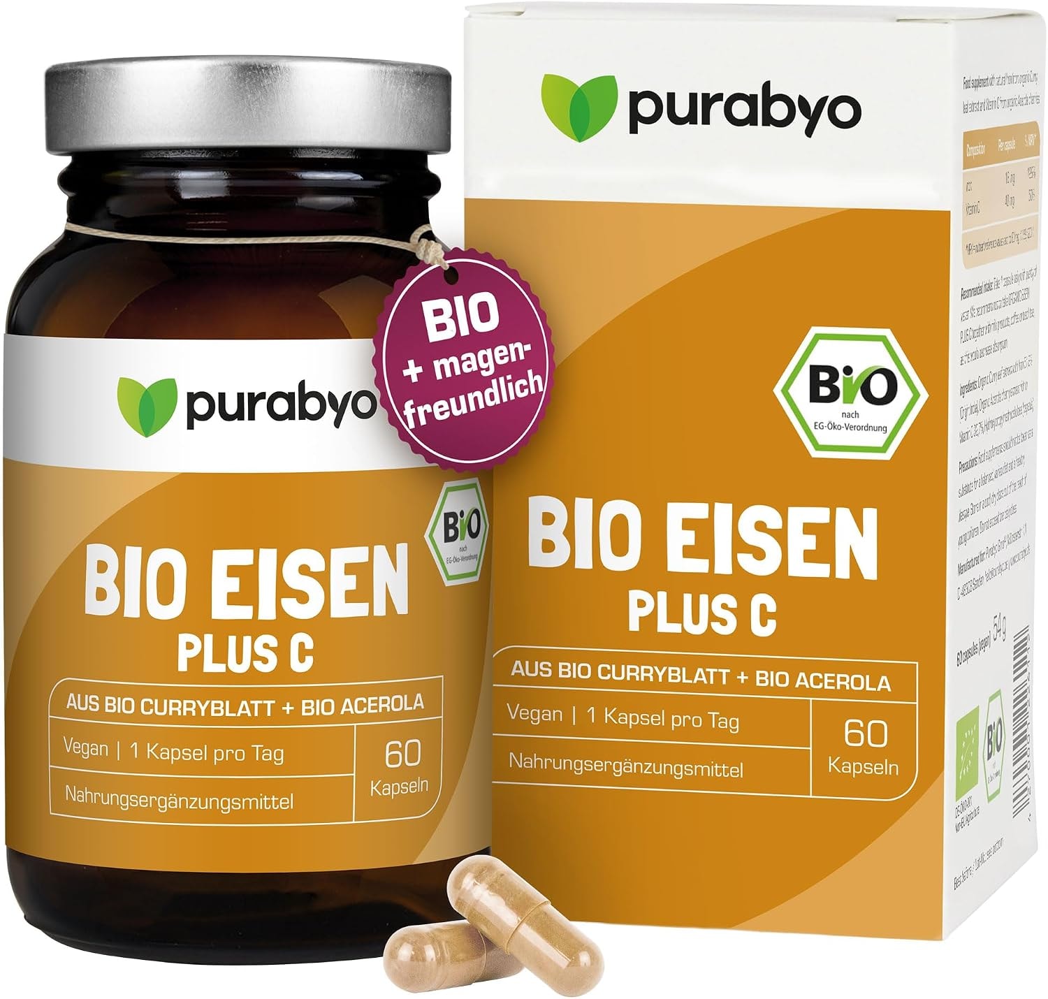 Produktbild von Bewertung Purabyo Bio Eisen Plus C Pflanzliches Eisen aus Curryblatt mit natürlichem Vitamin C