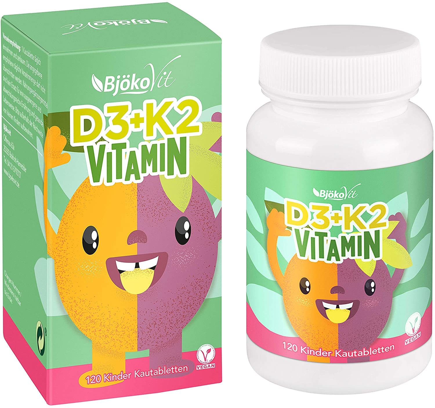 Produktbild von BjökoVit VITAMIN D3 + K2 Kinder Kautabletten - 120 Vitamintabletten mit natürlichen Vitamin D 3 und Vitamin K 2 - Zuckerfreie Tabletten mit Orangen Maracuja Geschmack für Kids
