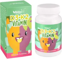 Produktbild von BjökoVit VITAMIN D3 + K2 Kinder Kautabletten - 120 Vitamintabletten mit natürlichen Vitamin D 3 und Vitamin K 2 - Zuckerfreie Tabletten mit Orangen Maracuja Geschmack für Kids