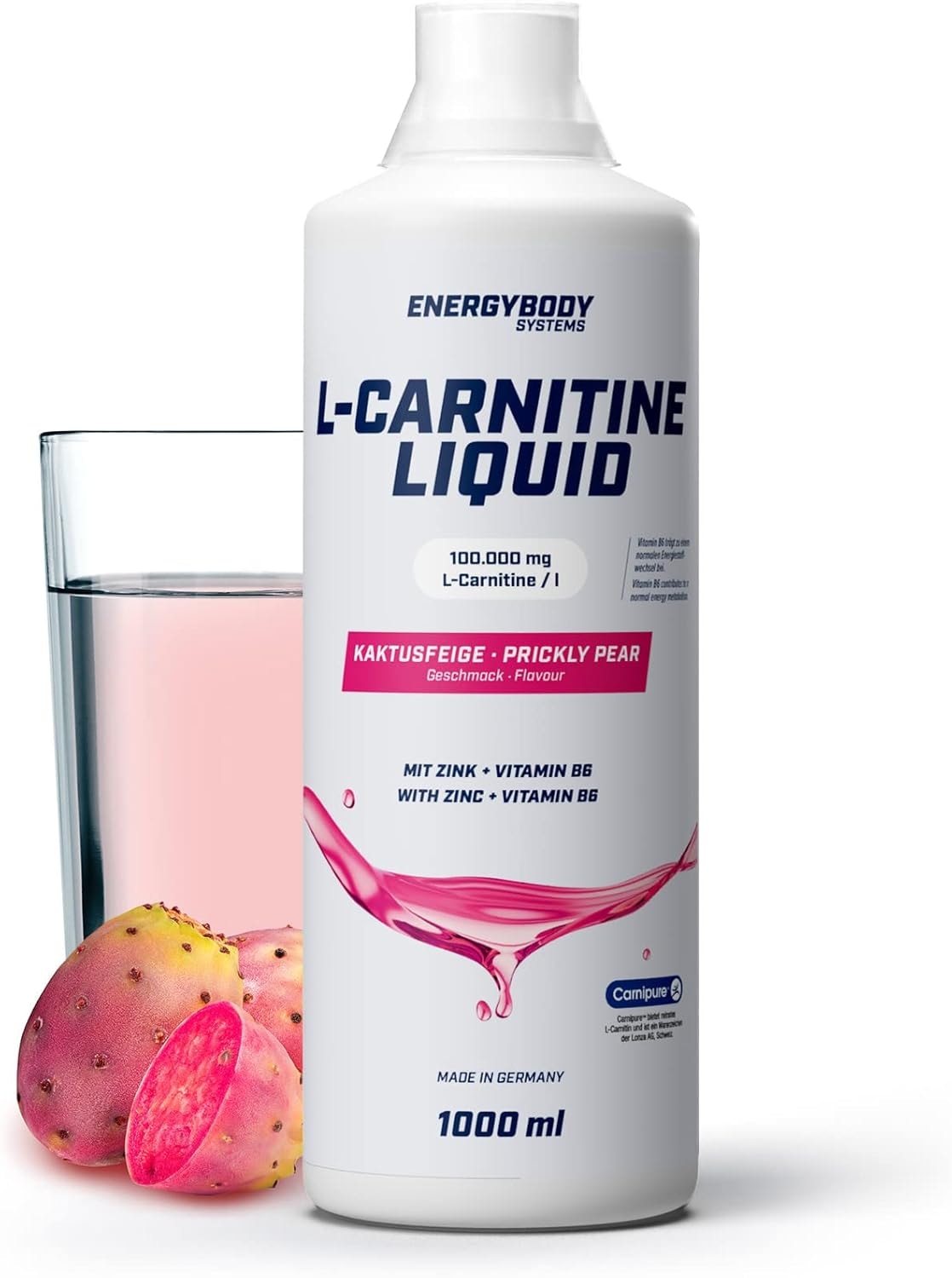 Produktbild von Bewertung Energybody L-Carnitine Liquid mit Zink hochdosiert 100.000 mg/Liter flüssig mit Dosierbecher Carnipure Qualität 1000 ml Kaktusfeige Geschmack