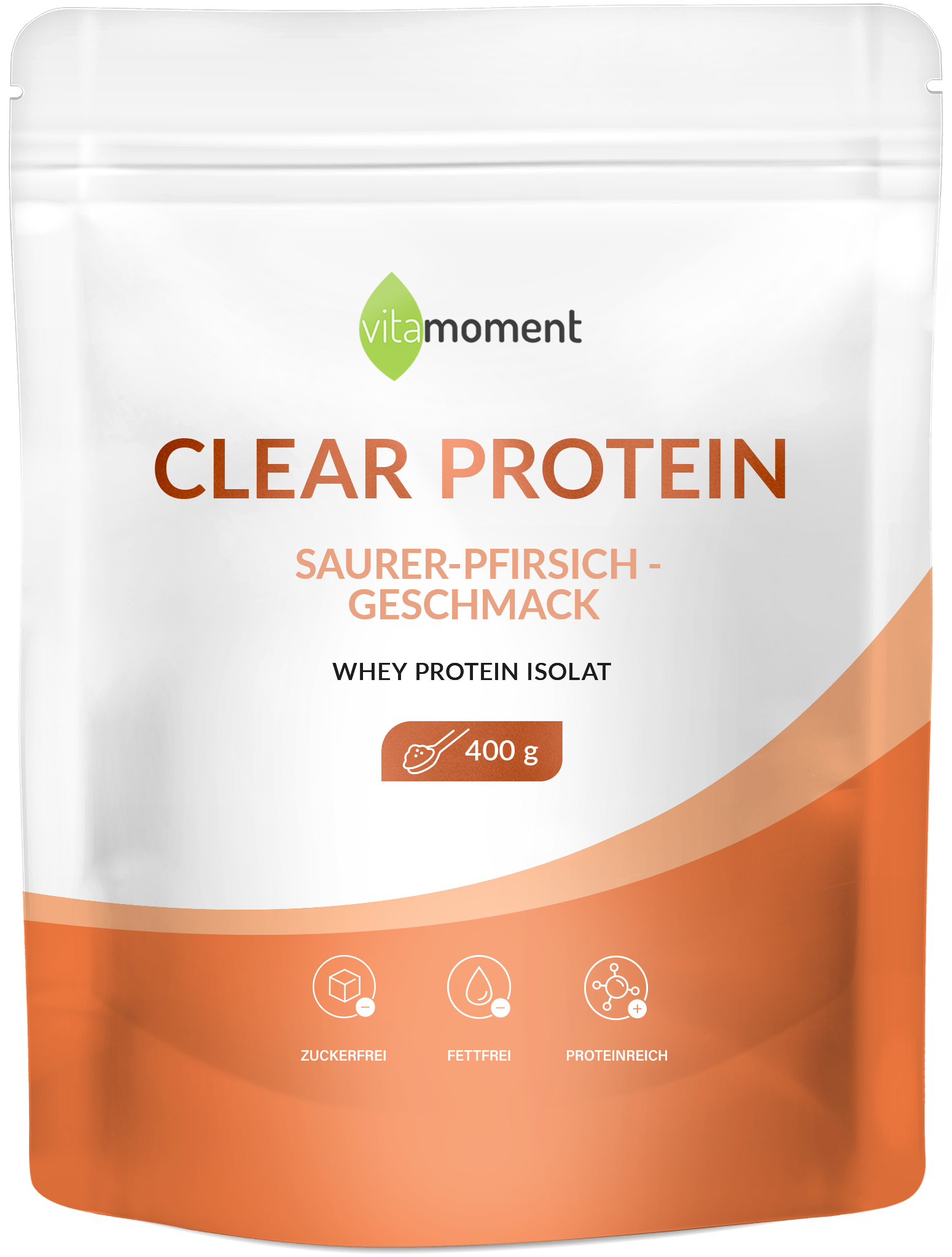 Produktbild von Bewertung vitamoment Clear Protein Pulver Whey Molkeneiweißisolat fettfrei Saurer-Pfirsich-Geschmack Muskeln Haut Knochen Körperliche Belastung