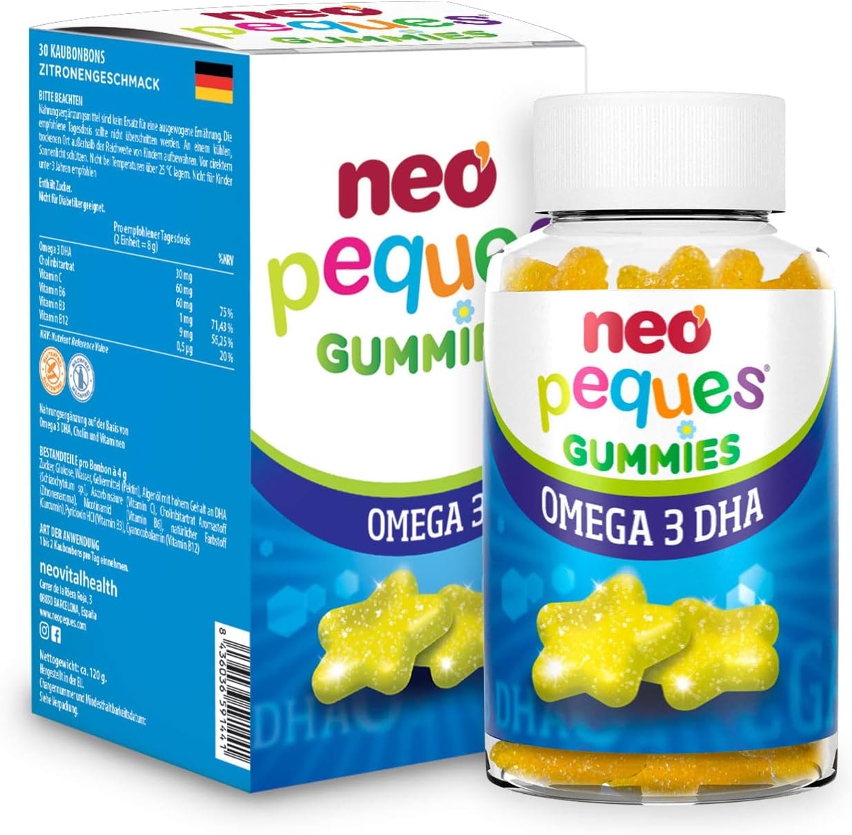 Produktbild von Bewertung Neo Peques Omega 3 DHA Gummibärchen für Kinder ab 3 Jahren 30 Einheiten 1 Monat 100% natürliche Inhaltsstoffe Gummi enthält Cholin, Vitamine B das Gedächtnis Zitronengeschmack