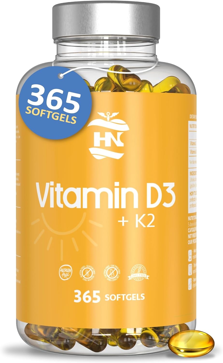 Produktbild von Bewertung HN Healthy Nutrition Vitamin D. (5000 IE) 365 Kapseln Vitamin D3 K2 hochdosiert unterstützt Immun und Knochenfunktion hohe Konzentration