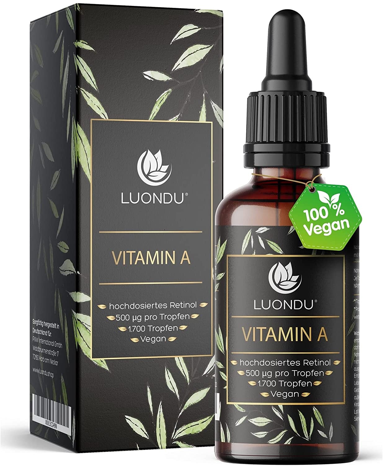 Produktbild von Luondu Vitamin A Tropfen hochdosiert 50ml (1700 Tropfen) 5000 I.E (1500 µg) pro Tagesdosis Vegan - Retinol Tropfen I Mit höchster Bioaktivität hergestellt und laborgeprüft in Deutschland