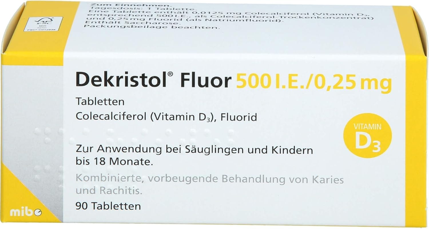 Produktbild von Bewertung Dekristol 500 I.E. Vitamin D Tabletten mit Fluor für Säuglinge 90 Stück für Knochen Rachitis und Zähne
