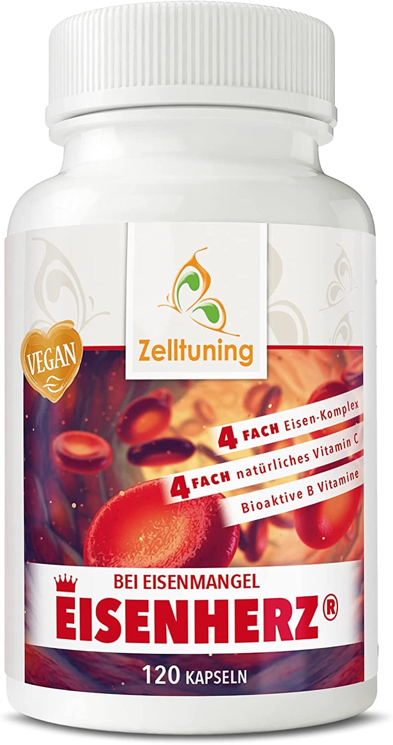 Produktbild von EISENHERZ Zelltuning Eisen Vitamin C Komplex hochdosiert Vegan mit Folsäure & Vitamin B - B2, B6, B12 & Vitamin A. Nahrungsergänzungsmittel Ohne Zusatzstoffe in Deutschland produziert