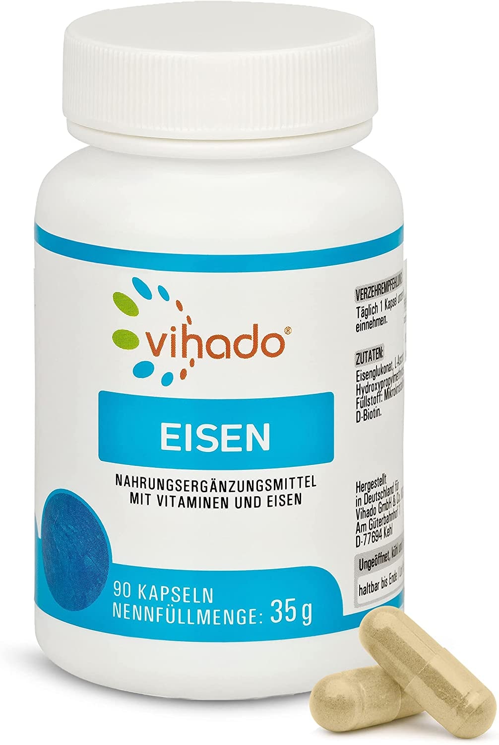 Produktbild von Vihado Eisen Kapseln – hochdosiertes Eisen gegen Müdigkeit – mit Vitamin C für erhöhte Eisenaufnahme – Vitamin B12 und Biotin für normale Funktion des Nervensystems – 90 Kapseln