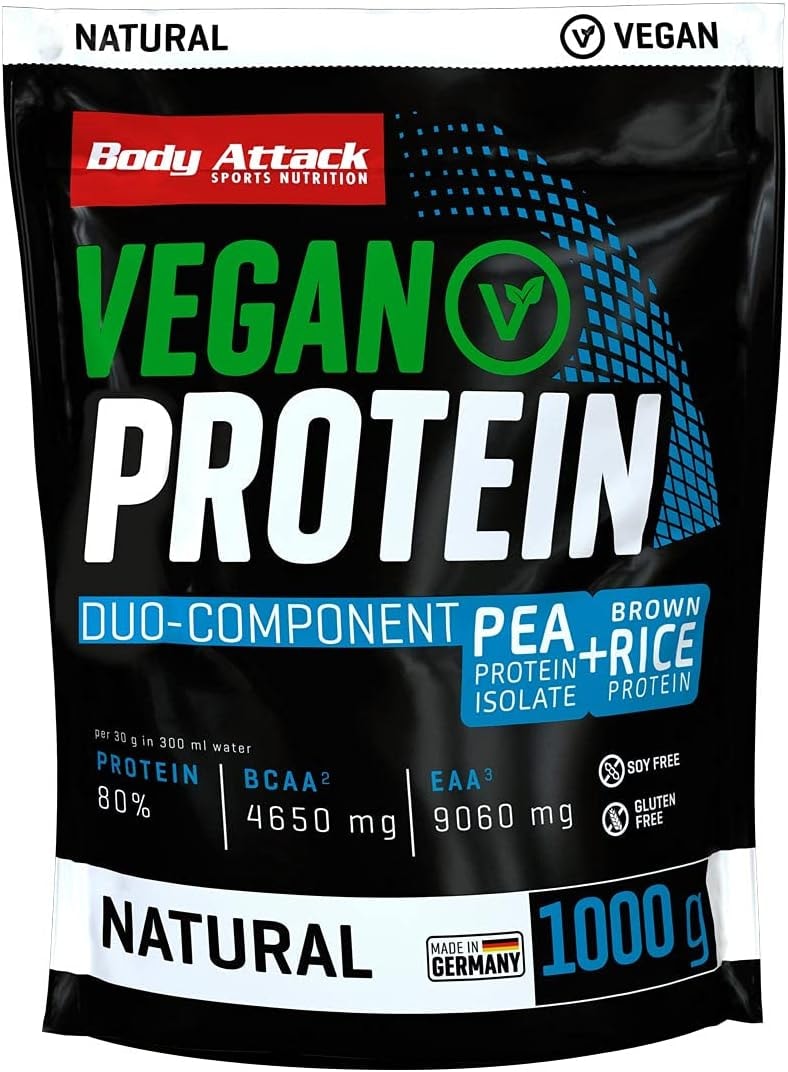 Produktbild von Bewertung Body Attack Vegan Duo-Component Protein 1000g Natural veganes Protein aus zwei Quellen 33 Portionen umweltfreundlicher Zip-Lock Beutel, 9.060mg EAAs & 4.650mg BCAAs zuckerfrei made in Germany