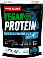Produktbild von Bewertung Body Attack Vegan Duo-Component Protein 1000g Natural veganes Protein aus zwei Quellen 33 Portionen umweltfreundlicher Zip-Lock Beutel, 9.060mg EAAs & 4.650mg BCAAs zuckerfrei made in Germany