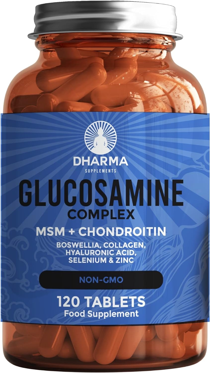 Produktbild von Bewertung DHARMA Gelenk- und Knorpelunterstützung Glucosamin mit Chondroitin MSM, Kollagen Hyaluronsäure Boswellia Selen und Zink 120 Tabletten Non GMO GMP keine Zusatzstoffe glutenfrei