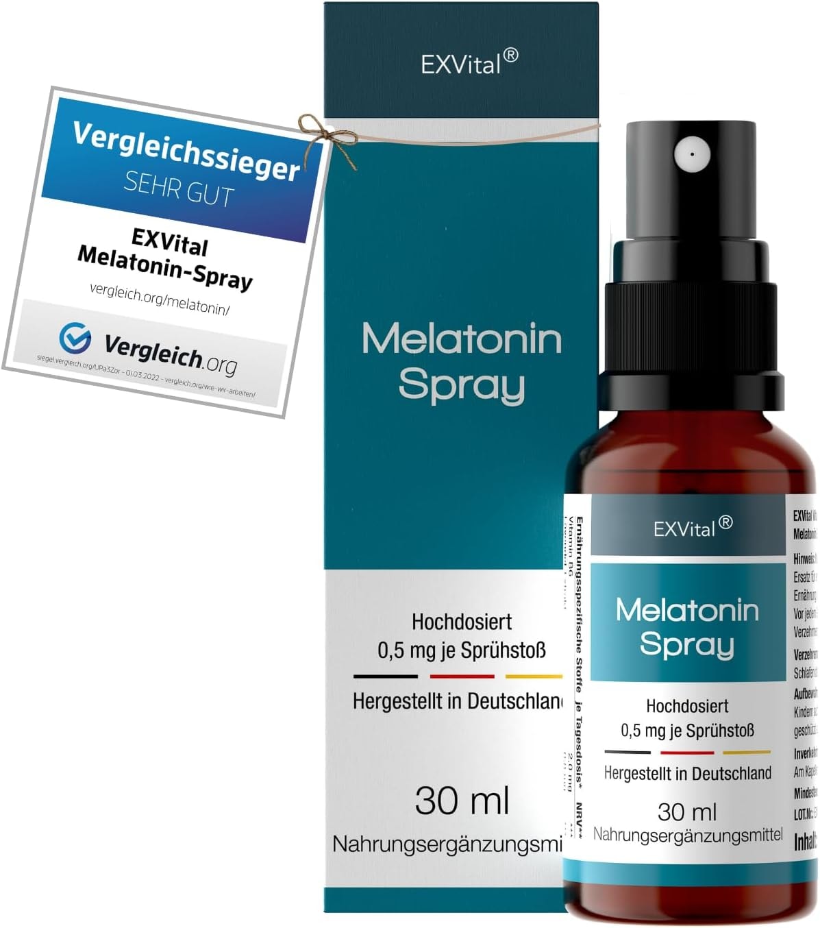 Produktbild von Bewertung EXVital Melatonin Spray mit Lavendel Extrakt & Vitamin B6 0,5 mg liquid Melatonin pro Sprühstoß natürliches Schlafhormon 30 ml Sprühflasche mit SOFORT EFFEKT Ohne Alkohol Hochdosiert & Made in Germany