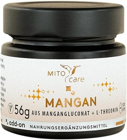 Produktbild von Bewertung MITOcare Mangan Kapseln Mangangluconat L-Threonin Bindegewebe Knochen Energiestoffwechsel oxidativer Stress Elastinfasern Art.-Nr. 1005004
