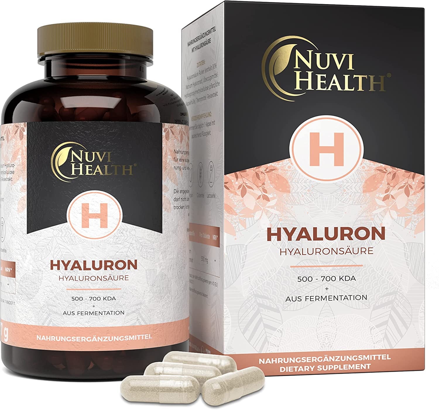 Produktbild von Nuvi Health - Hyaluronsäure Kapseln - Hochdosiert mit 500 mg - 100 Kapseln - Einführungspreis - 500-700 kDa - Laborgeprüft - Hergestellt durch pflanzlicher Fermentation - Vegan - Premium Qualität