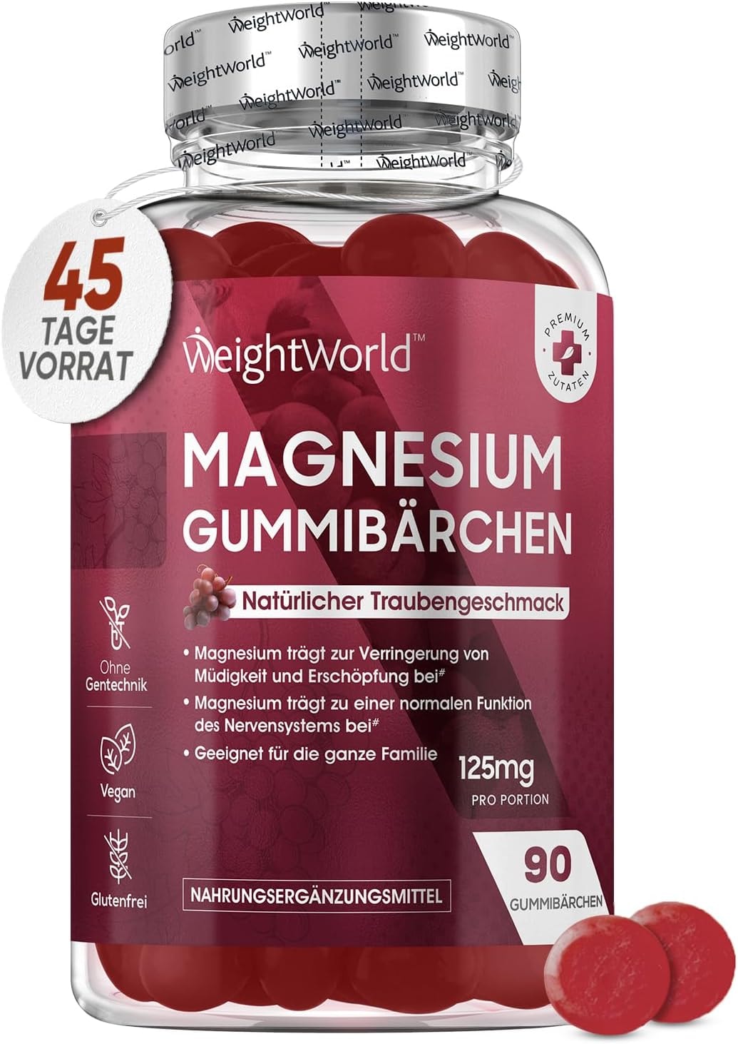 Produktbild von Bewertung WeightWorld Magnesium Gummibärchen 125mg 90 Magnesiumcitrat Gummis für Erwachsene & Kinder Für Müdigkeit, Nervensystem & Elektrolyte (EFSA) Traubengeschmack Alternativ zu Kapseln & Tabletten WeightWorld
