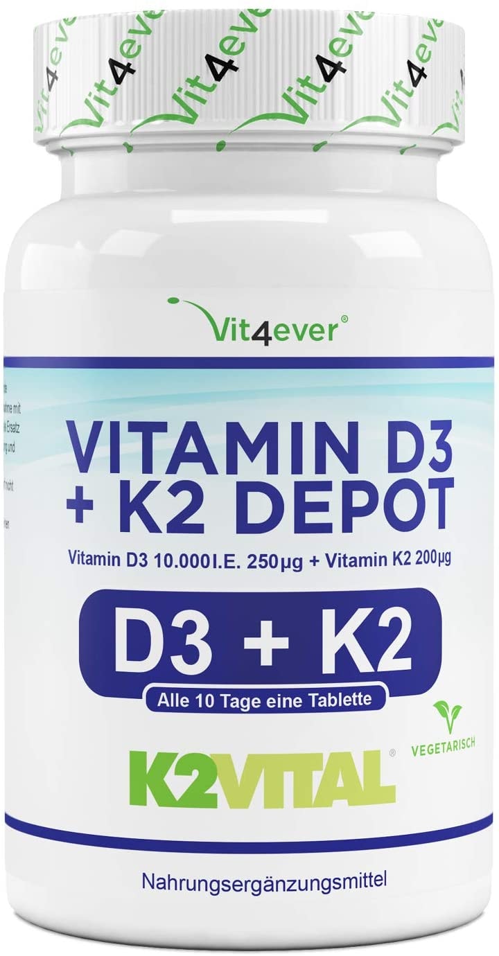 Produktbild von Vit4ever Vitamin D3 10.000 I.E + Vitamin K2 200 mcg Menaquinon MK7 Depot - 180 Tabletten - 99,7+% All-Trans (K2VITAL® von Kappa) - Laborgeprüft - Vegetarisch - Hochdosiert - Premium Qualität