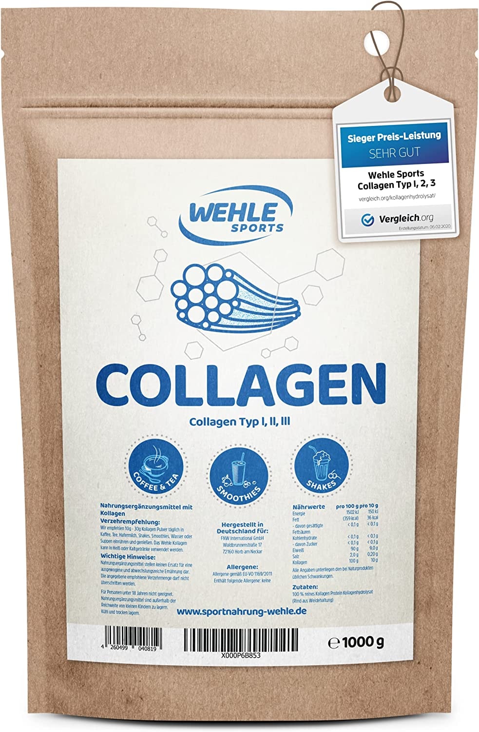Produktbild von Bewertung Wehle Sports Collagen Pulver 1kg Bioaktives Kollagen Hydrolysat Peptide Eiweiß-Pulver Geschmacksneutral Wehle Sports Made in Germany Kollagen Typ 1 2 3 Lift Drink