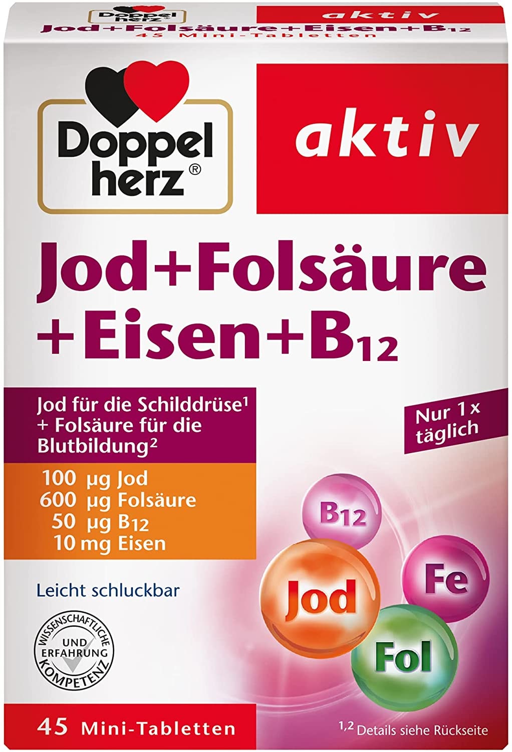 Produktbild von Doppelherz Jod + Folsäure + Eisen + B12 – Mit Folsäure als Beitrag für die normale Blutbildung – 45 Mini-Tabletten