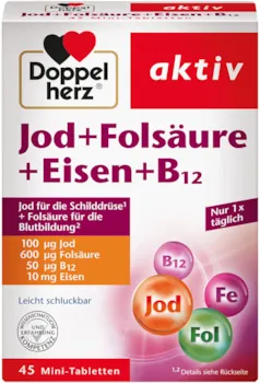 Produktbild von Doppelherz Jod + Folsäure + Eisen + B12 – Mit Folsäure als Beitrag für die normale Blutbildung – 45 Mini-Tabletten