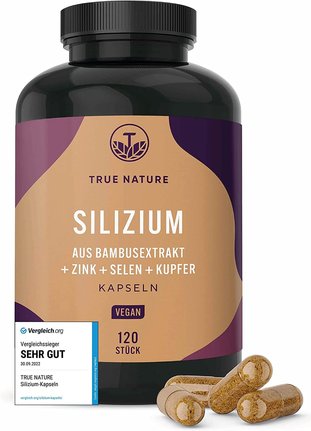 Produktbild von TRUE NATURE - VERGLEICHSSIEGER* Silizium Hochdosiert - 120 Kapseln (720mg) - 500 mg Silicium pro Tag - Indischer Bambusextrakt - inkl. Haar Vitamine - Zink, Selen & Kupfer - Vegan & Laborgeprüft - TRUE NATURE®