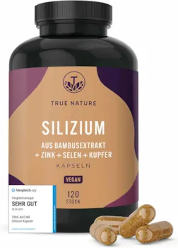 Produktbild von TRUE NATURE - VERGLEICHSSIEGER* Silizium Hochdosiert - 120 Kapseln (720mg) - 500 mg Silicium pro Tag - Indischer Bambusextrakt - inkl. Haar Vitamine - Zink, Selen & Kupfer - Vegan & Laborgeprüft - TRUE NATURE®