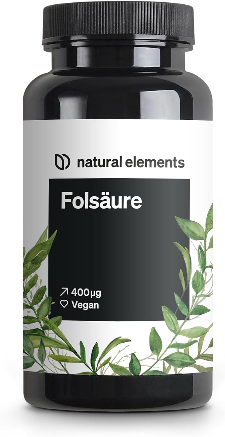 Produktbild von Bewertung natural elements Folsäure 400 Tabletten 400 mcg pro Tagesdosis Kinderwunsch und Schwangerschaft vegan hochdosiert ohne unnötige Zusätze in Deutschland produziert & laborgeprüft