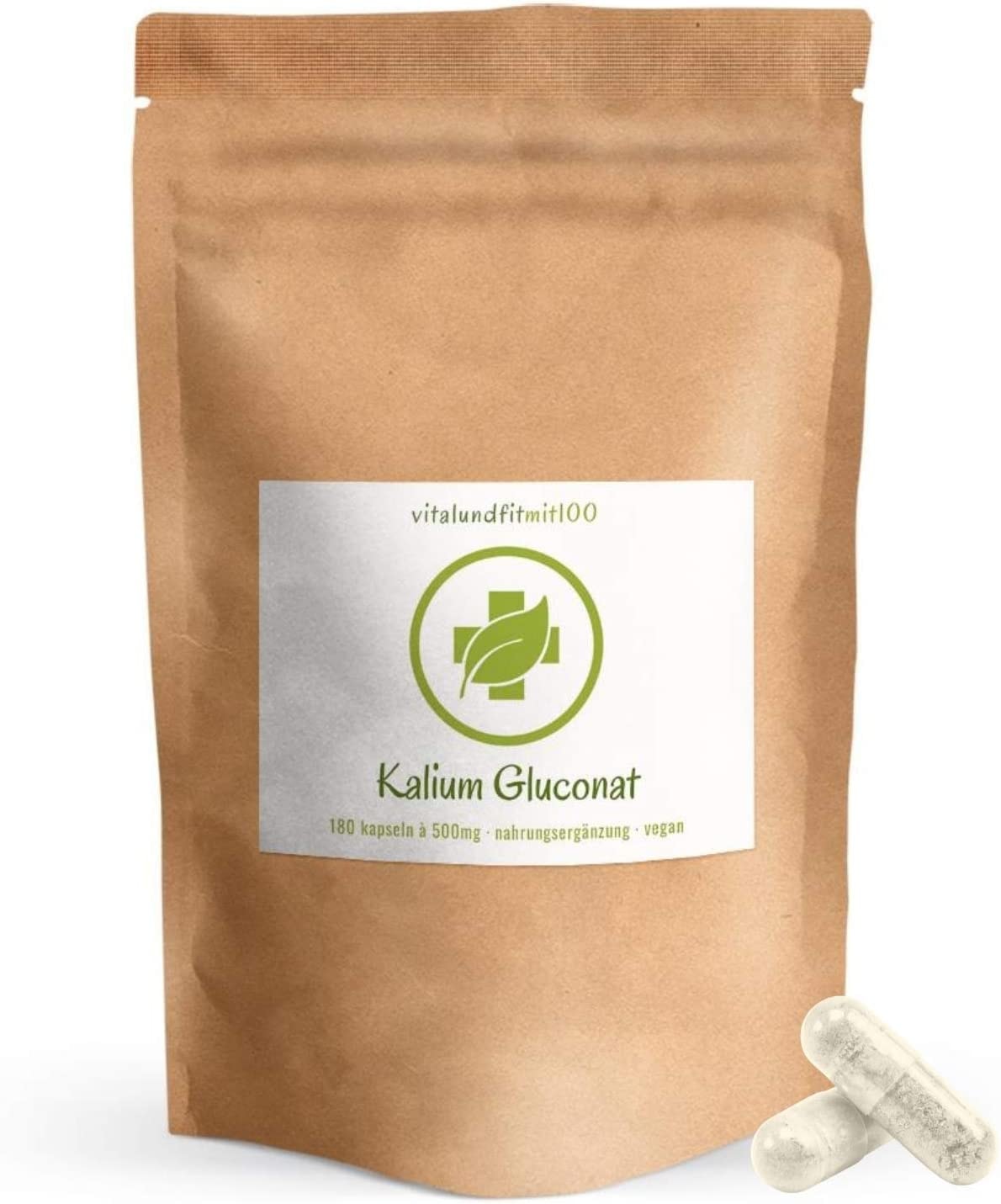 Vitalundfitmit100  - Kalium Gluconat Kapseln - 180 Stück á 500 mg - essenzieller Mineralstoff - säureresistent - ohne Magnesiumstearat - 100% vegan, gluten- und laktosefrei - OHNE Chemikalien und Zusatzstoffe