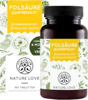 Produktbild von Bewertung NATURE LOVE Folsäure Quatrefolic 180 Tabletten 400mcg pro Tablette Kinderwunsch und Schwangerschaft hochdosiert vegan laborgeprüft in Deutschland produziert