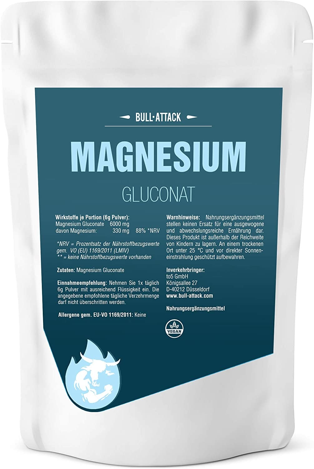 Produktbild von Bewertung BULL ATTACK veganes Magnesium Pulver 500g Magnesiumgluconat Pulver zur Unterstützung und Regeneration der Muskeln