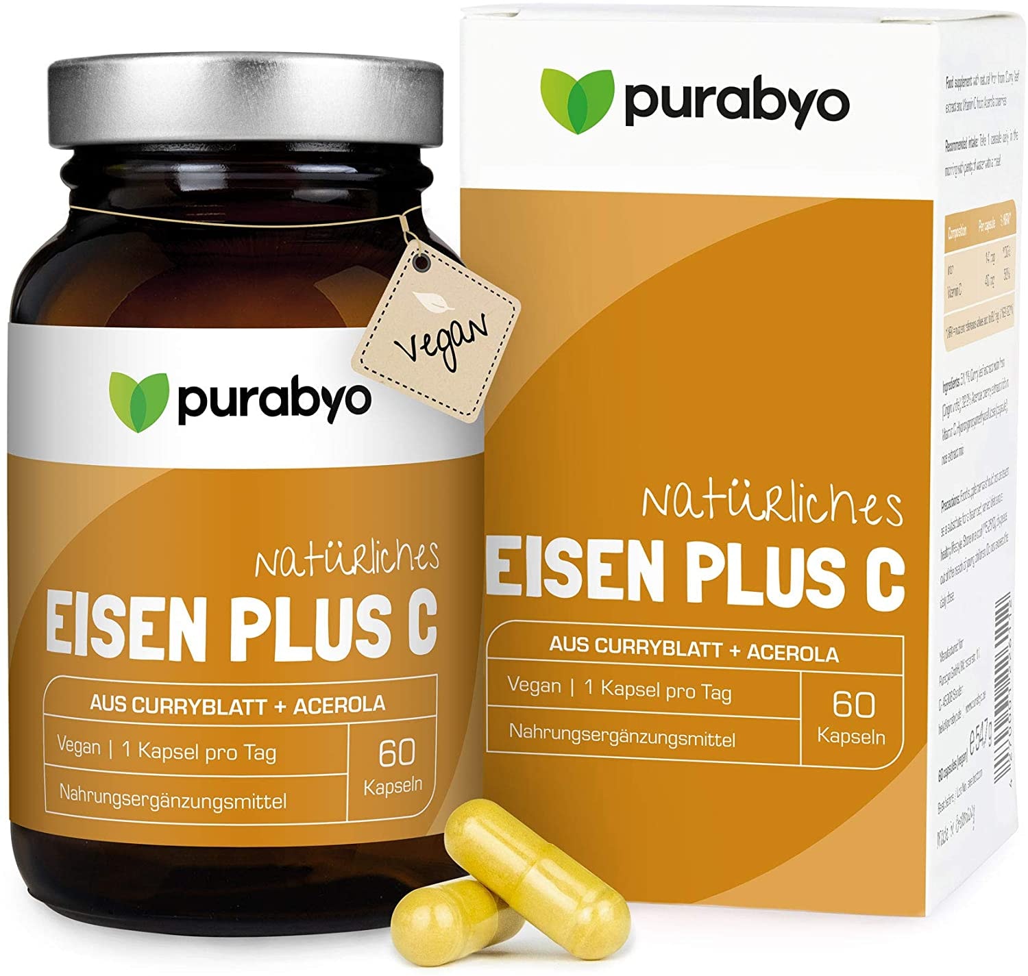 Produktbild von Purabyo Pflanzliches Eisen aus Curryblatt mit 40 mg natürlichem Vitamin C aus Acerola | im Glas | Eisen mit 100% NRV | Vegan | Nur 1 Kapsel täglich | 2-Monatsversorgung