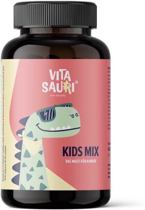 Produktbild von Bewertung Vitasauri Kids Mix Vitamine für Kinder von edubily nutrition Dino Fruchtgummis mit Vitaminen & Mineralien zuckerfrei & lecker hohe Bioverfügbarkeit 60 Stück für 60 bzw 30 Tage