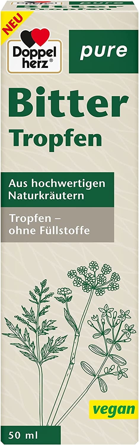 Doppelherz pure Bitter Tropfen aus Bitterkräutern und Bitterwurzeln 50ml - Vegan - einfache Anwendung – Rezeptur mit 15 ausgewählten Bitterkräutern und Bitterwurzeln – 50 ml