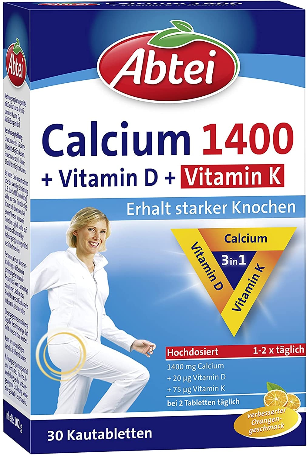 Produktbild von Abtei Calcium 1400 + D + K - hochdosiert - Mit Vitamin D und Vitamin K - Zum Erhalt gesunder Knochen und Muskelfuktion - Orangengeschmack, 30 Kautabletten