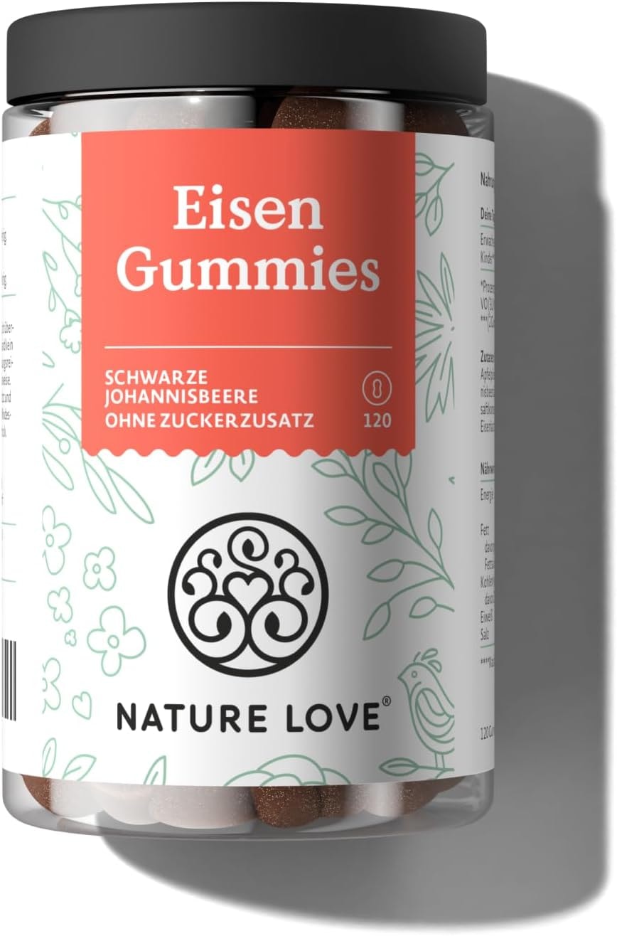 Produktbild von Bewertung NATURE LOVE Eisen Gummies 120 Stück ohne Zuckerzusatz 96,5% Fruchtanteil 6 mg Tagesdosis für Erwachsene 4 mg für Kinder Alternative zu Eisentabletten und Kapseln vegan und laborgeprüft