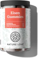 Produktbild von Bewertung NATURE LOVE Eisen Gummies 120 Stück ohne Zuckerzusatz 96,5% Fruchtanteil 6 mg Tagesdosis für Erwachsene 4 mg für Kinder Alternative zu Eisentabletten und Kapseln vegan und laborgeprüft