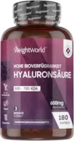 Produktbild von WeightWorld - Hyaluron Kapseln hochdosiert 600mg - 500 bis 700 kDa - 180 Vegane Kapseln für 3 Monate Vorrat - Niedermolekulare Hyaluronsäure - Vegetarisch, Laktosefrei & Glutenfrei - Hyaluronic Acid von WeightWorld