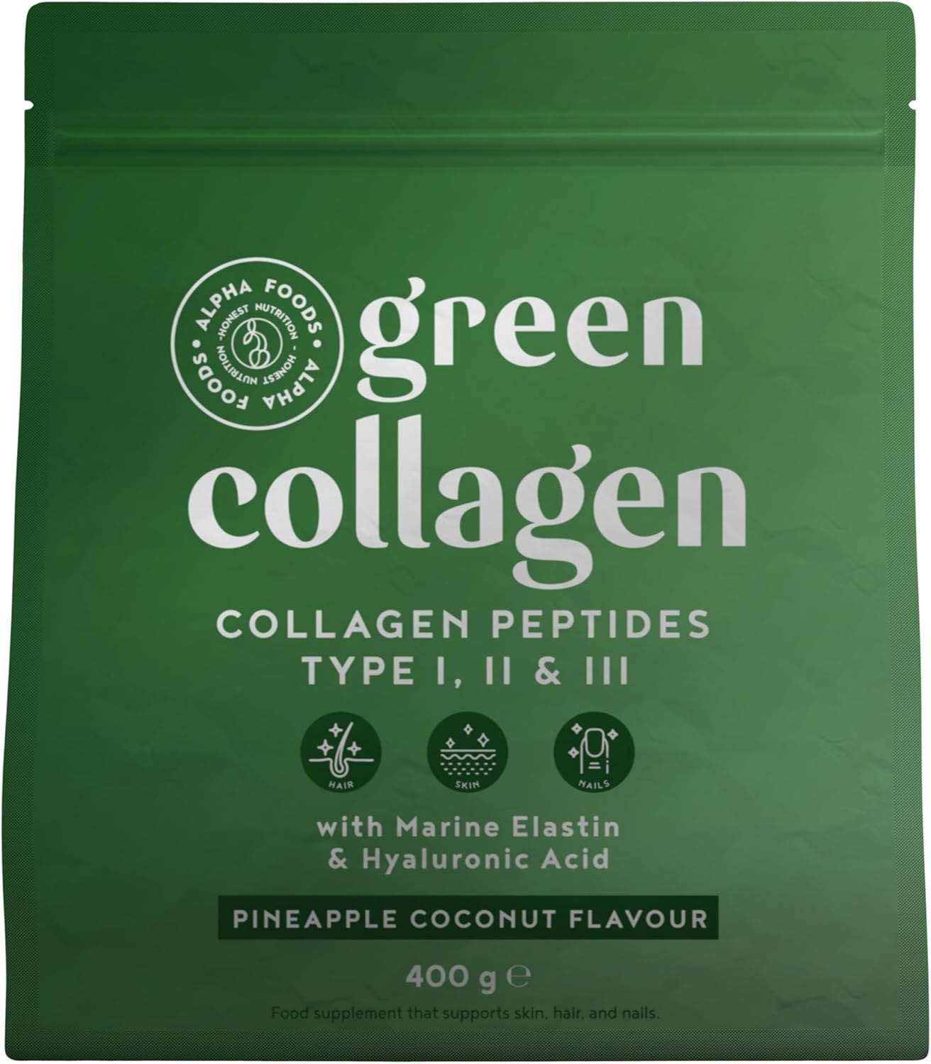 Produktbild von Bewertung Alpha Foods Green Collagen Pulver mit Elastin, Hyaluronsäure, Kollagen Hydrolysat Peptide Type I, II, III, Elixier aus roh-grünen Nährstoffquellen wie Spirulina mit Bakterienkulturenkomplex Pina Colada - 400g