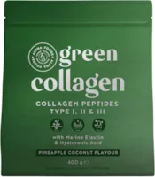Produktbild von Bewertung Alpha Foods Green Collagen Pulver mit Elastin, Hyaluronsäure, Kollagen Hydrolysat Peptide Type I, II, III, Elixier aus roh-grünen Nährstoffquellen wie Spirulina mit Bakterienkulturenkomplex Pina Colada - 400g