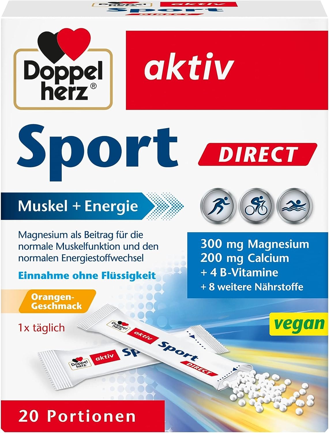 Produktbild von Bewertung Doppelherz Sport DIRECT Muskel Energie Magnesium Calcium & B-Vitamine für Sportler und körperlich Aktive 20 vegane Portionen mit Orangen-Geschmack