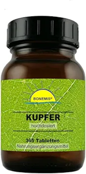 Produktbild von Bonemis Kupfer (Kupfergluconat) hochdosiert 365 vegane Tabletten ohne unerwünschte Zusätze, Bonemis®