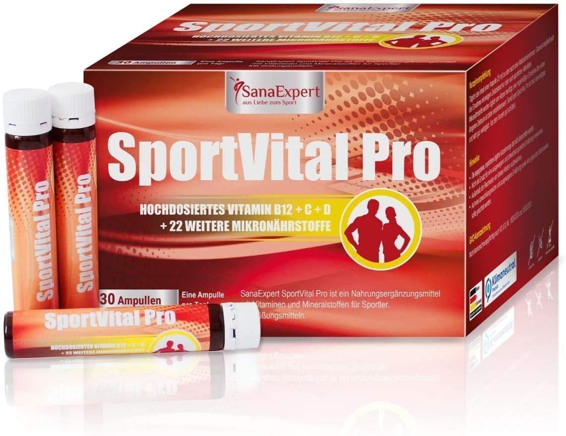SanaExpert SportVital Pro, Multivitamin Komplex zur Stärkung des Immunsystems, nicht nur für Sportler, L-Carnitin, 30 Ampullen à 25 ml, hochdosiert, Orange