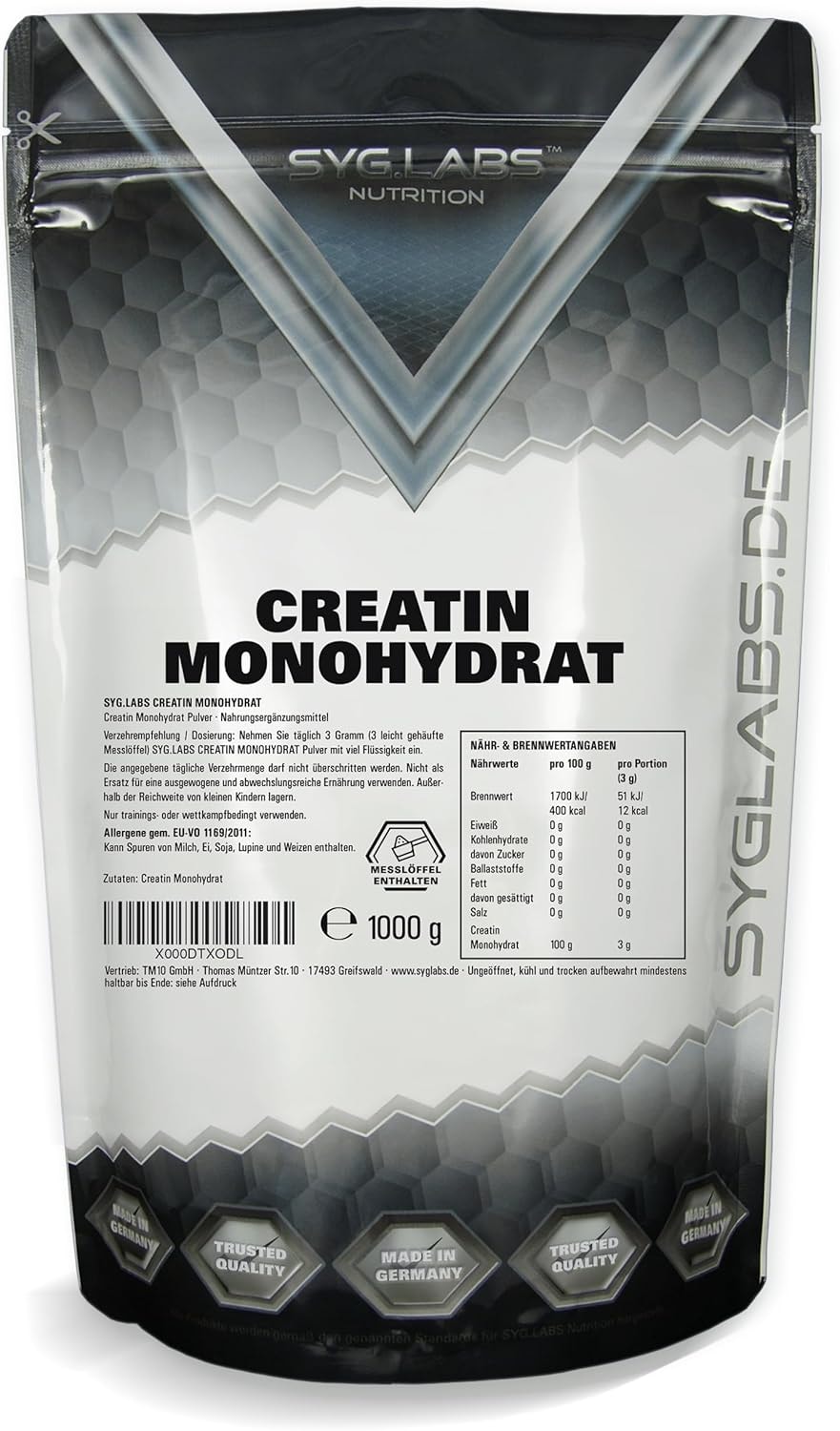 Produktbild von Bewertung SygLabs Nutrition Creatin Monohydrat Pulver 1000g 1kg mikronisierte Qualität (200 Mesh) reines Creatine Monohydrat vegan ohne Zusätze Kreatin