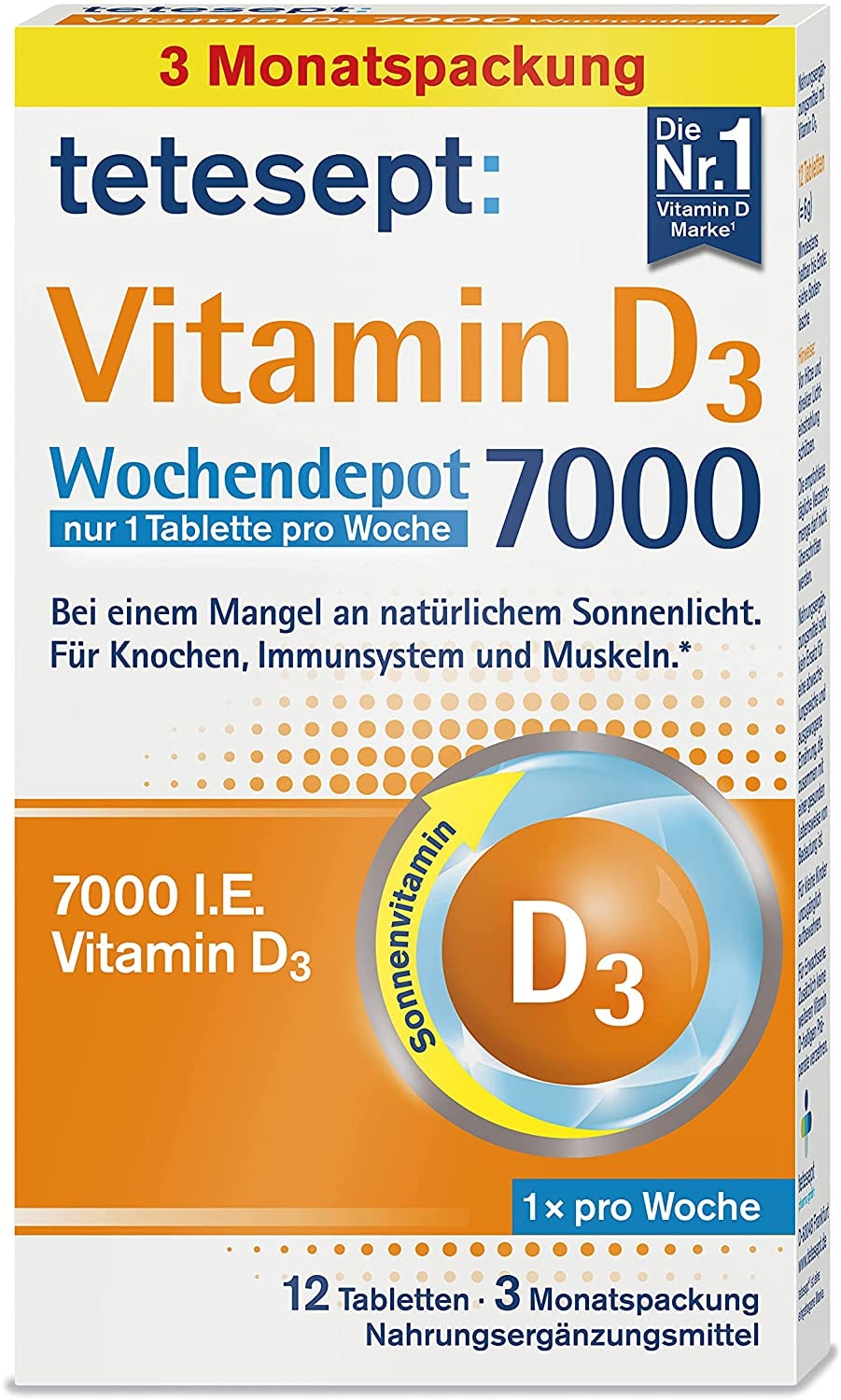 Produktbild von tetesept Vitamin D3 7000 Wochendepot – Vitamin D Tabletten bei einem Mangel an natürlichem Sonnenlicht – Nahrungsergänzungsmittel für Knochen, Immunsystem & Muskeln – 1 x 12 Tabletten