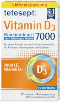 Produktbild von tetesept Vitamin D3 7000 Wochendepot – Vitamin D Tabletten bei einem Mangel an natürlichem Sonnenlicht – Nahrungsergänzungsmittel für Knochen, Immunsystem & Muskeln – 1 x 12 Tabletten