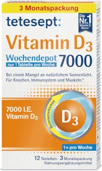 Produktbild von tetesept Vitamin D3 7000 Wochendepot – Vitamin D Tabletten bei einem Mangel an natürlichem Sonnenlicht – Nahrungsergänzungsmittel für Knochen, Immunsystem & Muskeln – 1 x 12 Tabletten