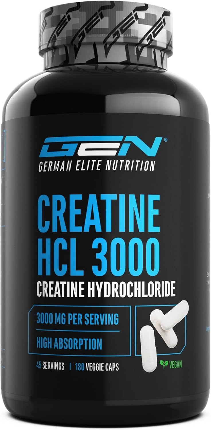 Produktbild von Bewertung GEN GERMAN ELITE NUTRITION Creatine HCL 180 Kapseln Hochdosiert mit 3000 mg Reines Kreatin Hydrochlorid High Absorption Hohe Bioverfügbarkeit Vegan