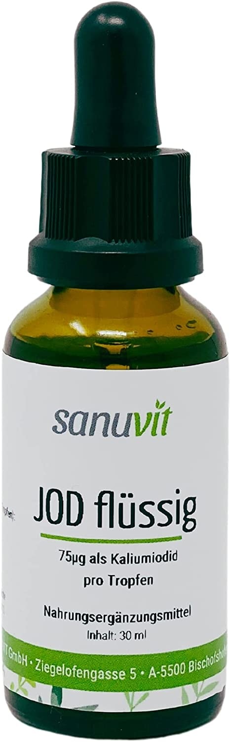 Produktbild von Sanuvit Jod flüssig 30ml Sehr ergiebig mit 78 µg Jod pro Tropfen Hochdosiert inklusive Pipette Vegan ca. 450 Portionen Hergestellt in Österreich